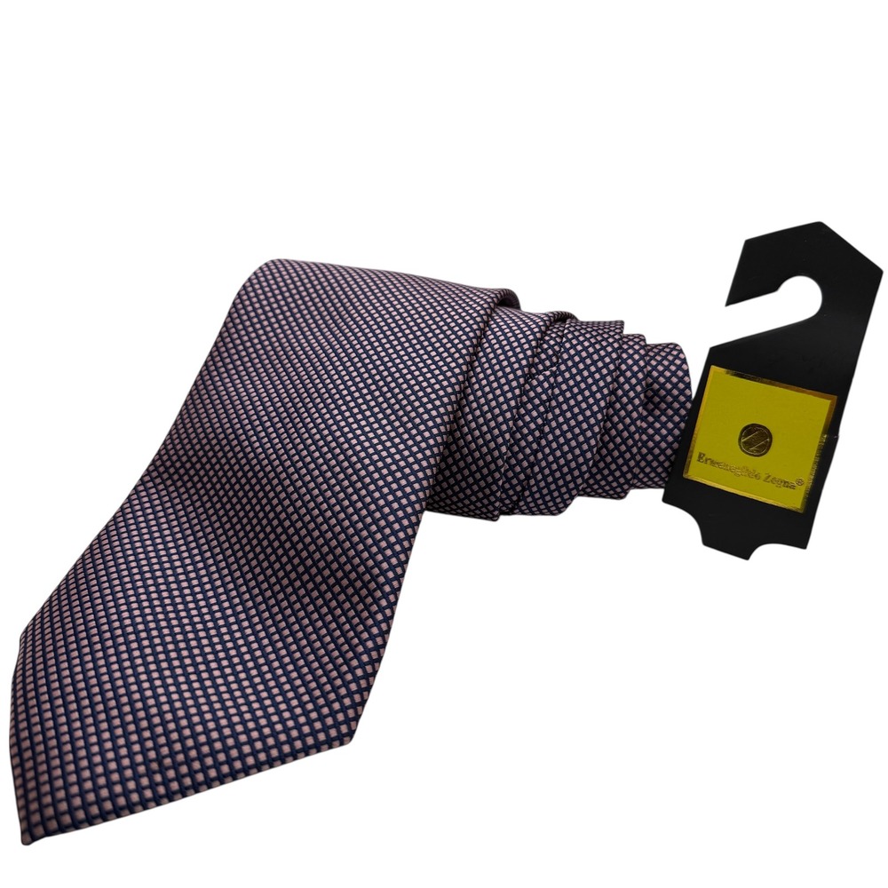 Ermenegildo Zegna Silk Tie Mens OS Navy Pink Geometric Micro Check Italy 59" NEW